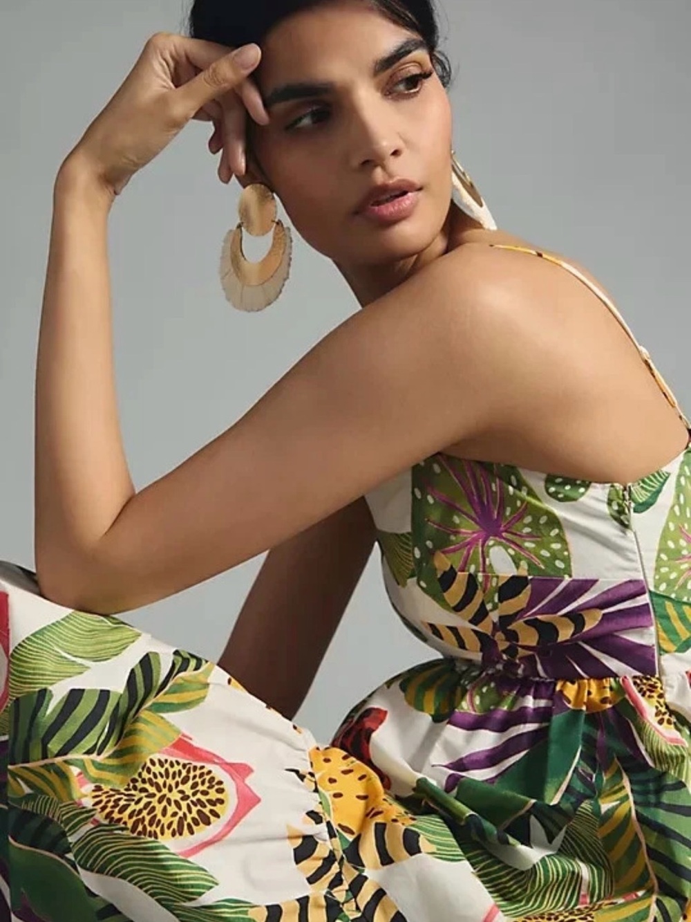 FARM Rio Tropical Floral Midi Dress in White, Green, Purple, Yellow